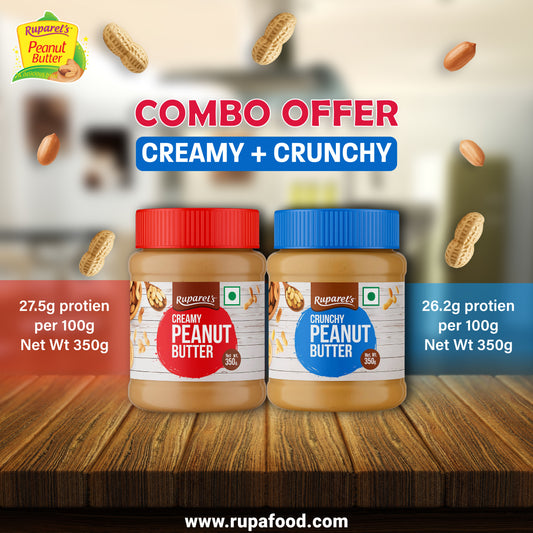 RUPAREL'S PEANUT BUTTER Creamy 350g and Crunchy 350g Combo offer total 700g | 91% Roasted Peanuts | Protein Rich | No Cholesterol | Delicious & Nutritious Breakfast