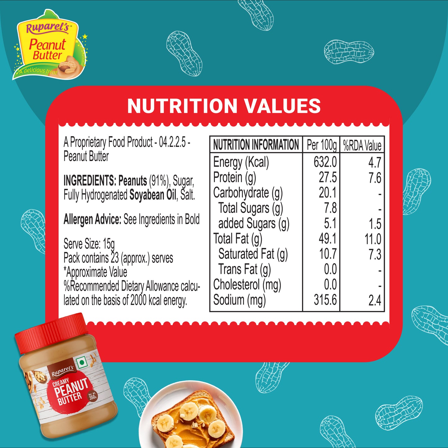 Ruparel’s Creamy Peanut Butter 350g | 91% Roasted Peanuts | Protein Rich Spread | No Cholesterol | Delicious & Nutritious Breakfast