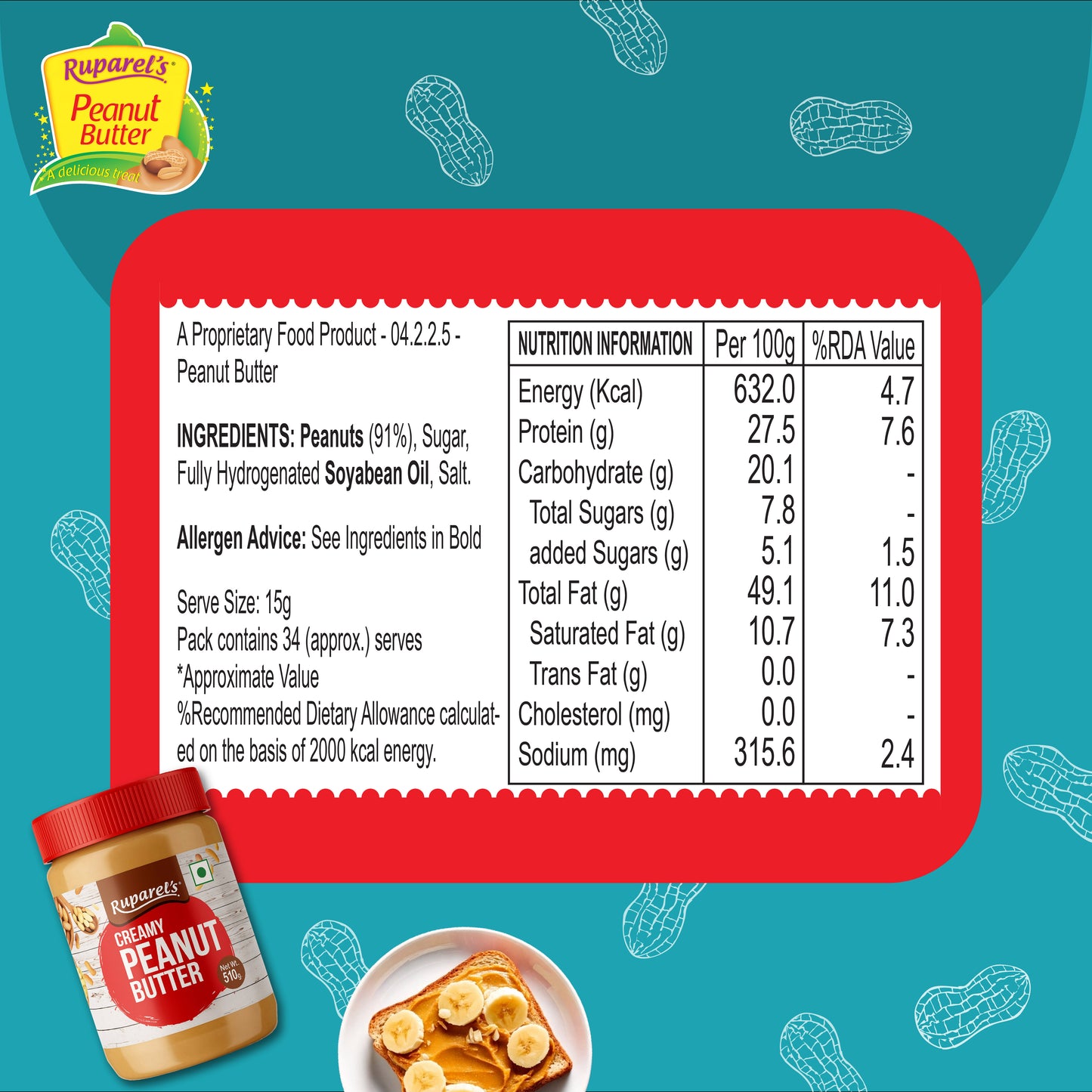 Ruparel’s Creamy Peanut Butter 510g | 91% Roasted Peanuts | High Protein Creamy