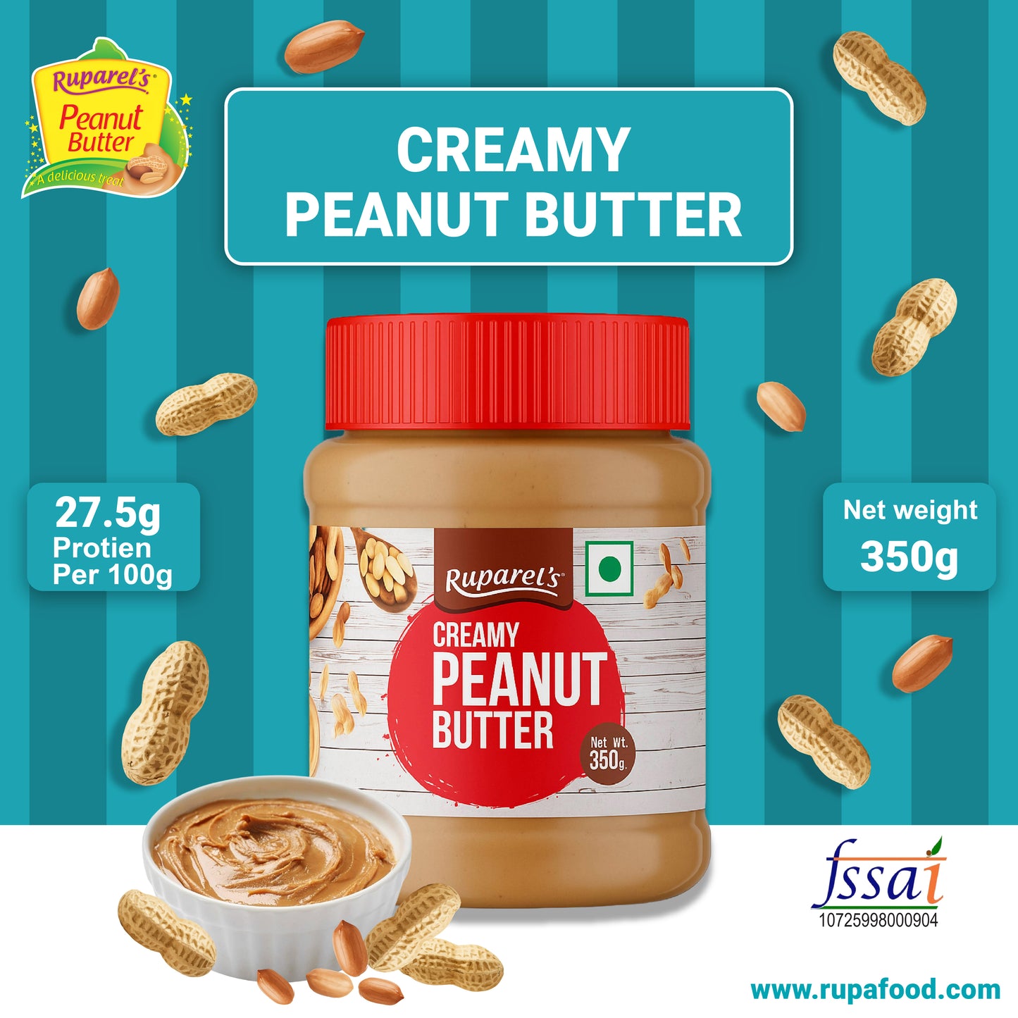 Ruparel’s Creamy Peanut Butter 350g | 91% Roasted Peanuts | Protein Rich Spread | No Cholesterol | Delicious & Nutritious Breakfast