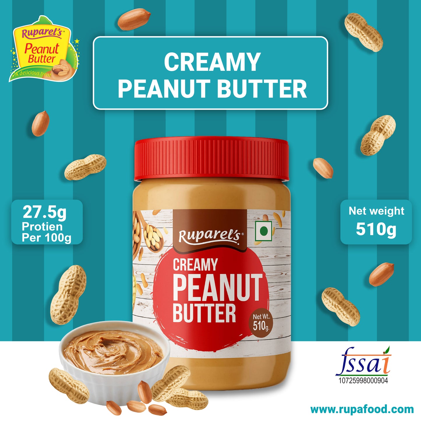 Ruparel’s Creamy Peanut Butter 510g | 91% Roasted Peanuts | High Protein Creamy