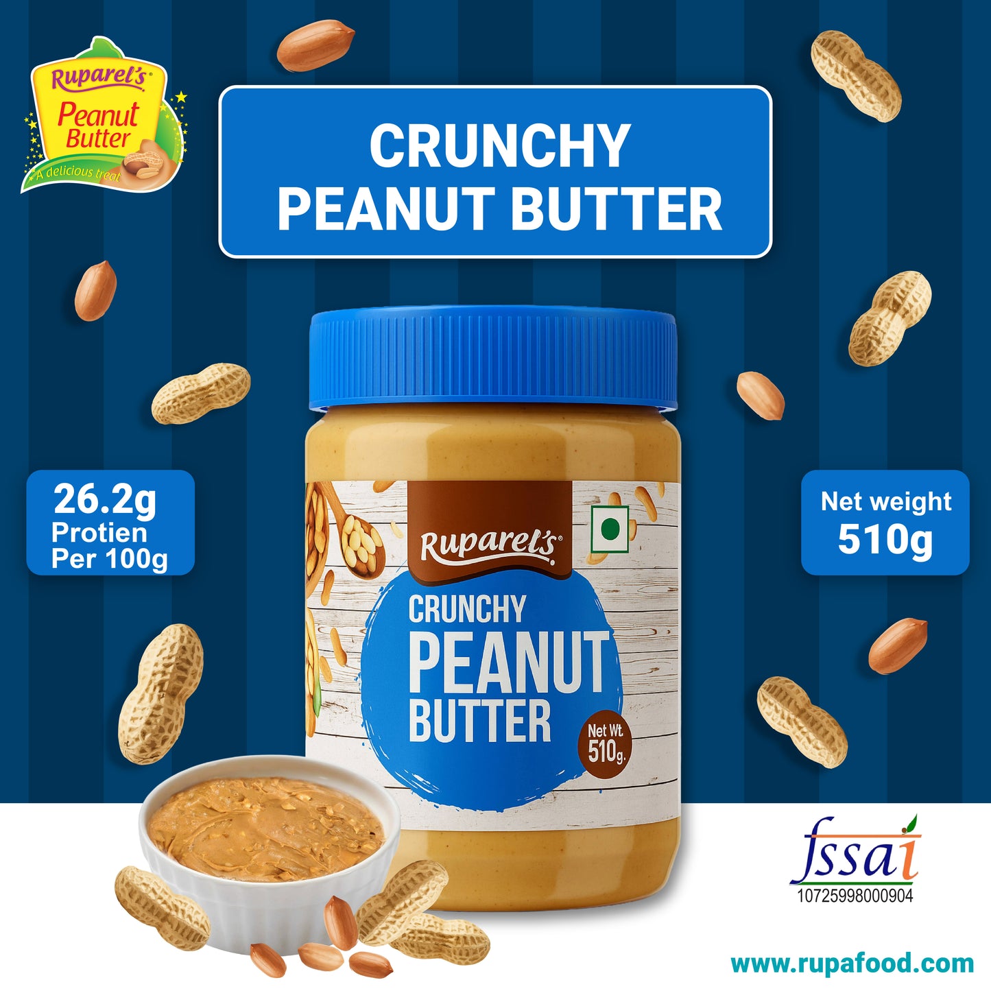 Ruparel’s Crunchy Peanut Butter 510g | 91% Roasted Peanuts | High Protein Crunchy | Zero Cholesterol | Nutritious & Tasty Snack