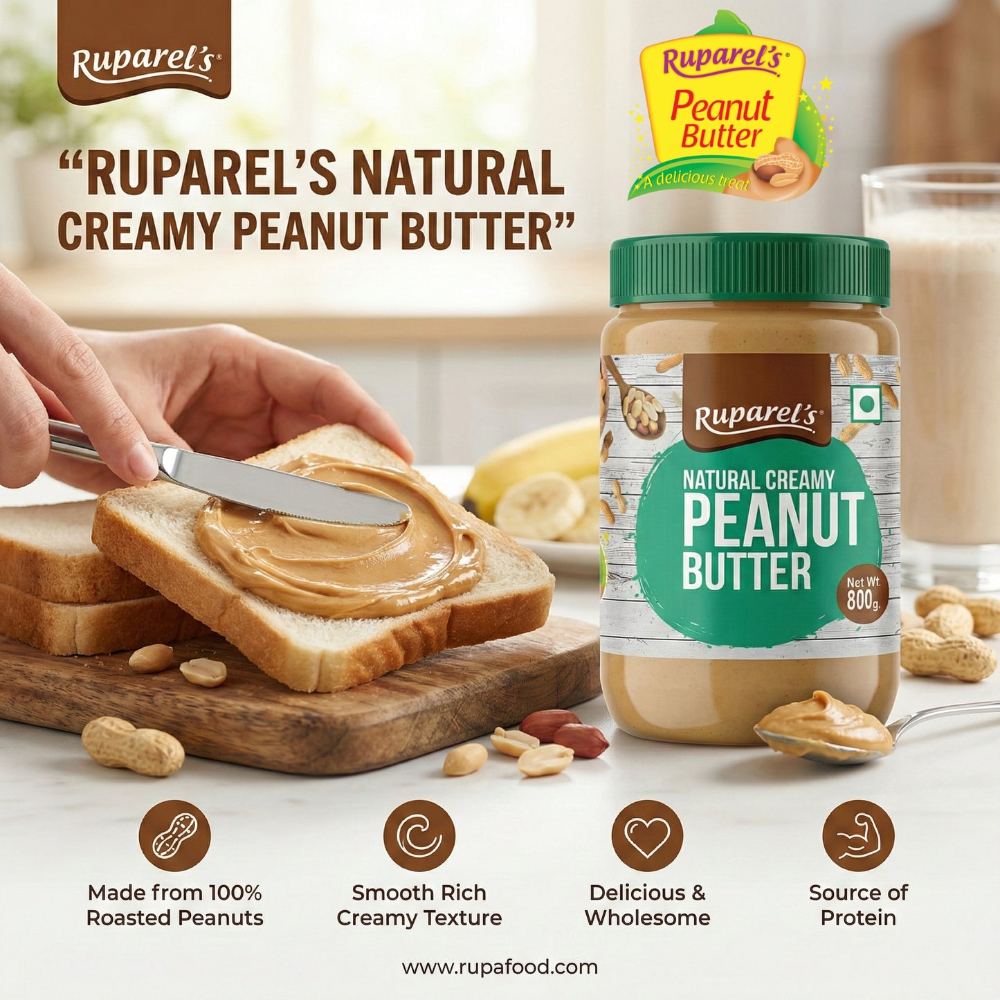 Ruparel’s Natural Creamy Peanut Butter 800g | 100% Roasted Peanuts | Source of Protein | Delicious & Wholesome | Smooth Nut Butter Spread for Bread, Sandwich & Smoothies