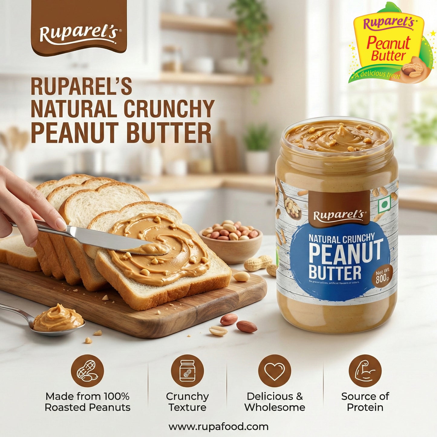 Ruparel’s Natural Crunchy Peanut Butter 800g | 100% Roasted Peanuts | Source of Protein | Delicious & Wholesome | Smooth Nut Butter Spread for Bread, Sandwich & Smoothies