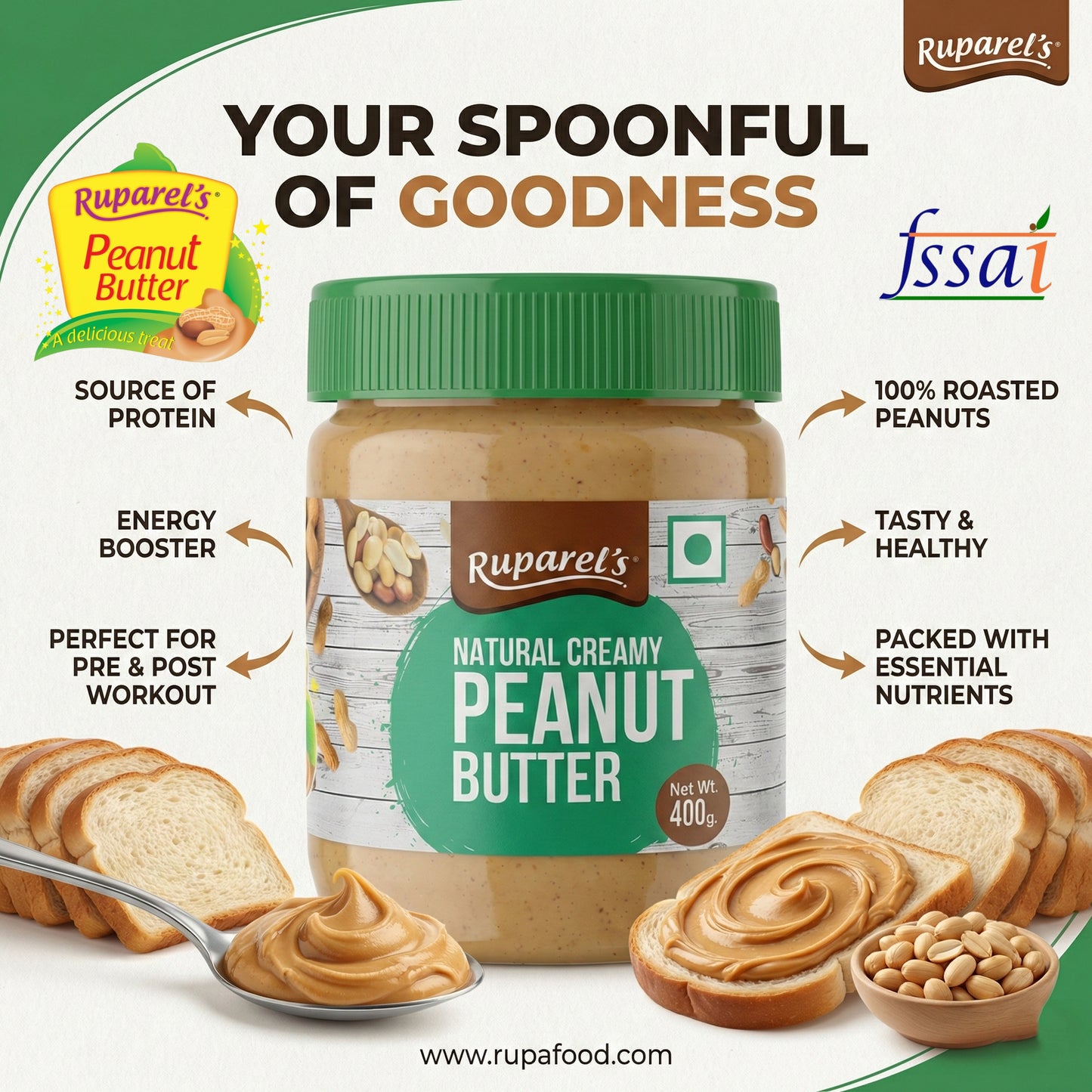 Ruparel’s Natural Creamy Peanut Butter 400g | 100% Roasted Peanuts | Source of Protein | Delicious & Wholesome | Smooth Nut Butter Spread for Bread, Sandwich & Smoothies