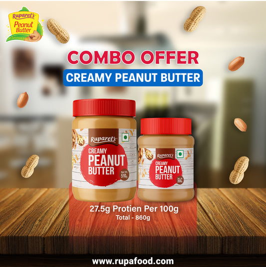 RUPAREL'S PEANUT BUTTER Creamy 510g and Creamy 350g Combo offer total 860g | 91% Roasted Peanuts | Protein Rich | No Cholesterol | Delicious & Nutritious Breakfast