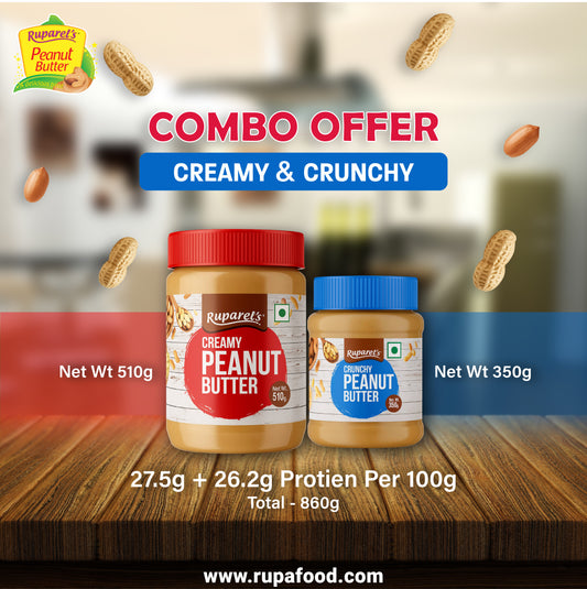 RUPAREL'S PEANUT BUTTER Creamy 510g and Crunchy 350g Combo offer total 860g | 91% Roasted Peanuts | Protein Rich | No Cholesterol | Delicious & Nutritious Breakfast (Copy)