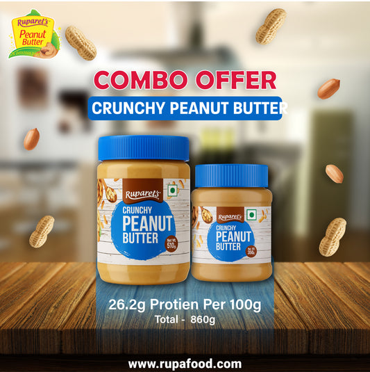 RUPAREL'S PEANUT BUTTER Crunchyy 510g and Crunchy 350g Combo offer total 860g | 91% Roasted Peanuts | Protein Rich | No Cholesterol | Delicious & Nutritious Breakfast