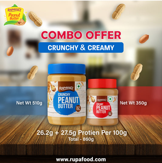 RUPAREL'S PEANUT BUTTER Crunchy 510g and Creamy 350g Combo offer total 860g | 91% Roasted Peanuts | Protein Rich | No Cholesterol | Delicious & Nutritious Breakfast