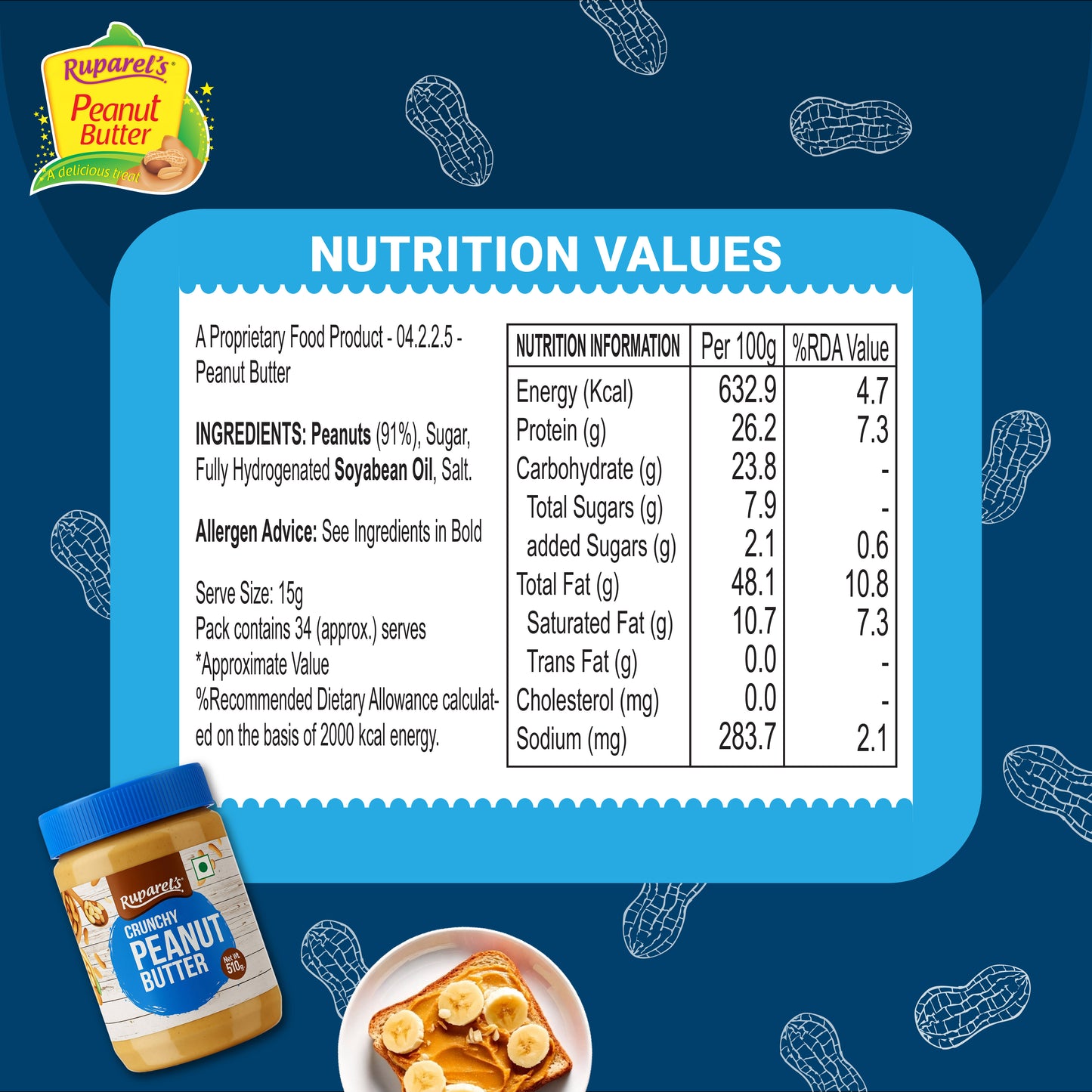 Ruparel’s Peanut Butter Crunchy 510g | High Protein | Healthy Crunchy Peanut Butter