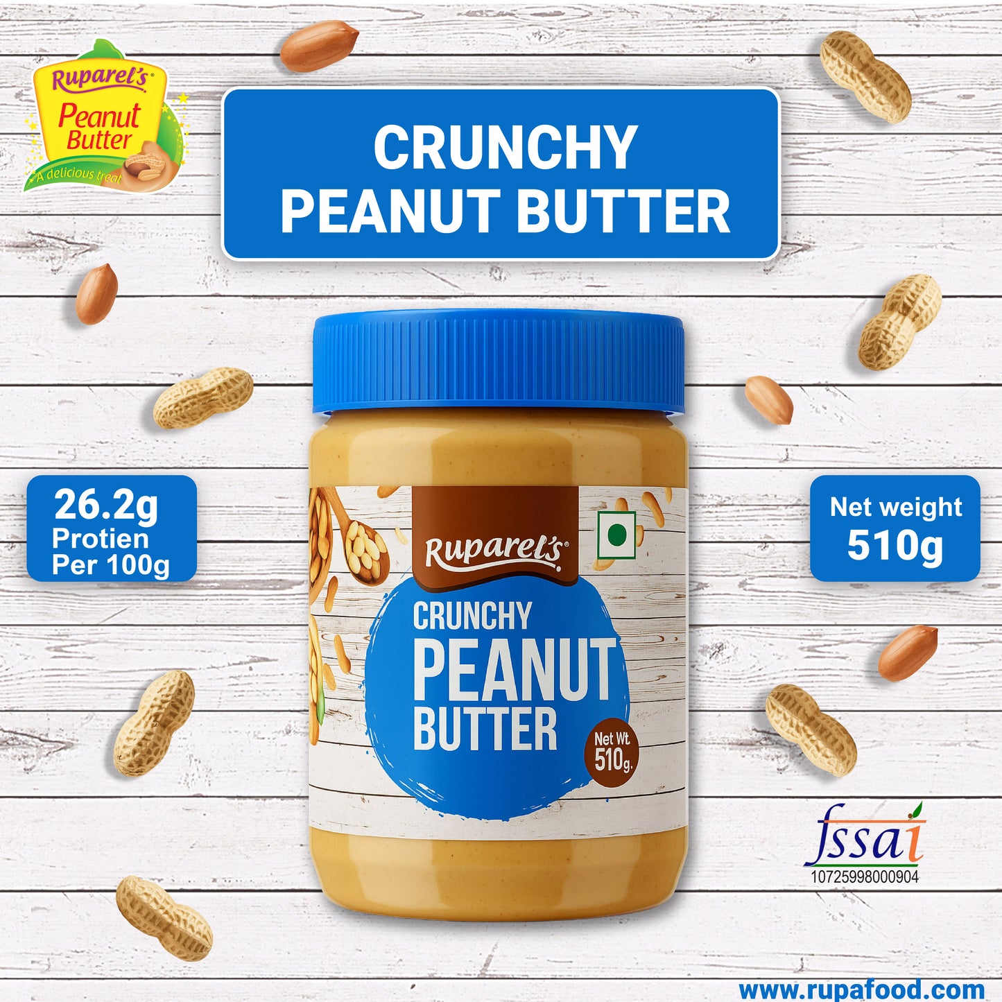 Ruparel’s Crunchy Peanut Butter 510g | 91% Roasted Peanuts | High Protein Crunchy | Zero Cholesterol | Nutritious & Tasty Snack