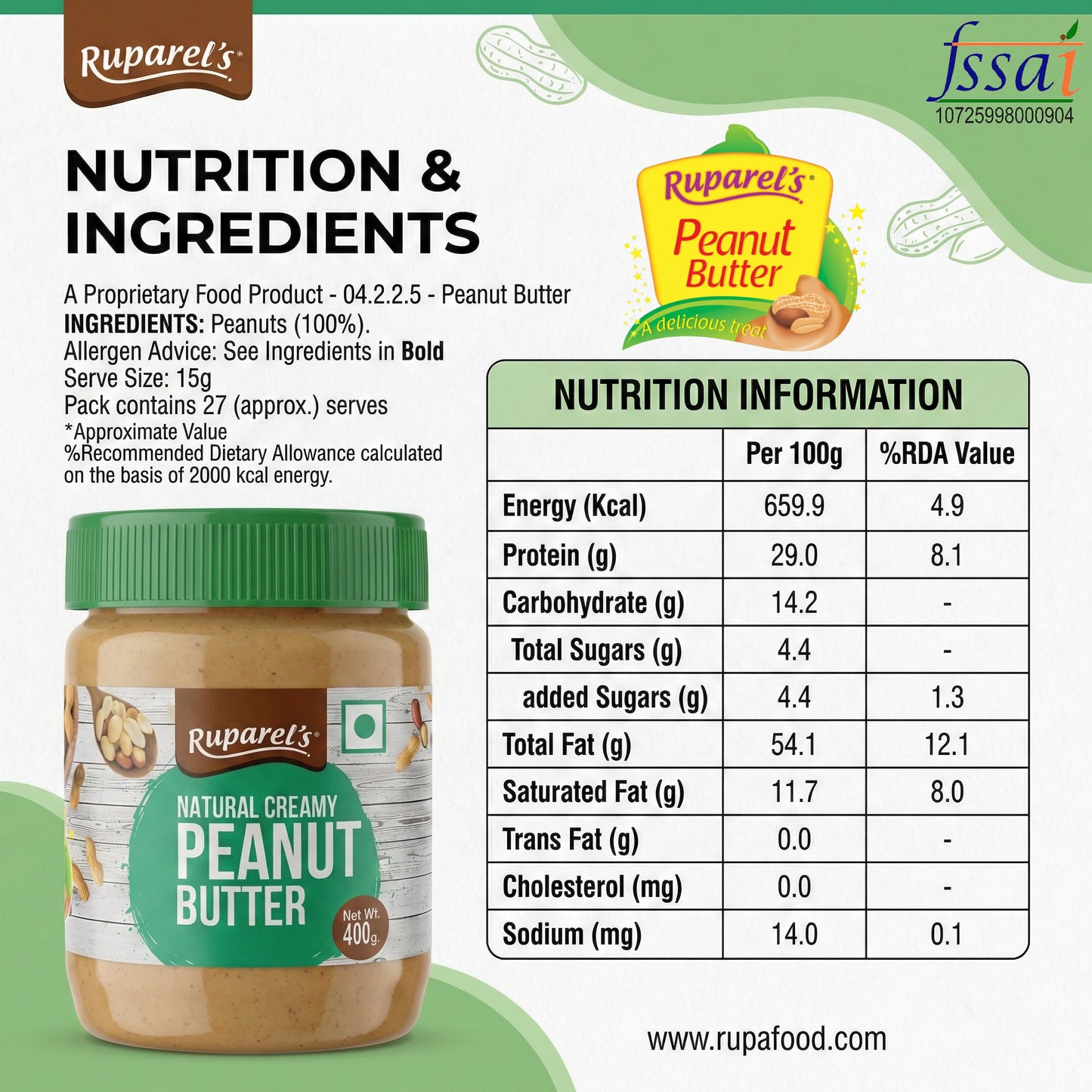 Ruparel’s Natural Creamy Peanut Butter 400g | 100% Roasted Peanuts | Source of Protein | Delicious & Wholesome | Smooth Nut Butter Spread for Bread, Sandwich & Smoothies