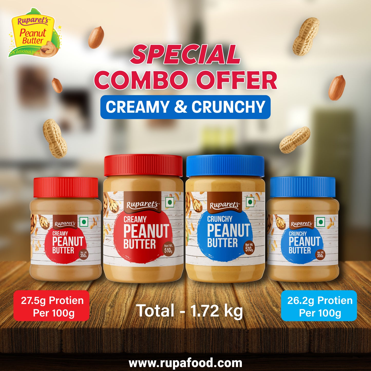 RUPAREL'S PEANUT BUTTER Special Combo offer Crunchy 510g, Creamy 510g, Crunchy 350g and Creamy 350g total 1720g | 91% Roasted Peanuts | Protein Rich | No Cholesterol | Delicious & Nutritious Breakfast